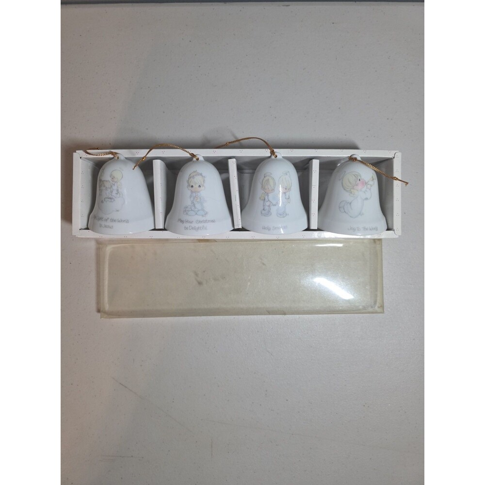 Vintage 1985 Precious Moments Miniature Bell Ornament Set of 4 Boxed Enesco